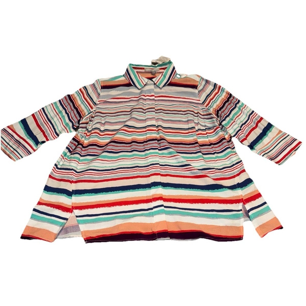 Woman‎ Within Rayon  Striped Multicolor Shirt Button Down Sz 14/16 New